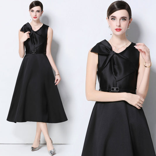 CM-DY056638 Women Elegant European Style V-Neck Sleeveless Belted Pinched Waist Midi Dress - Black