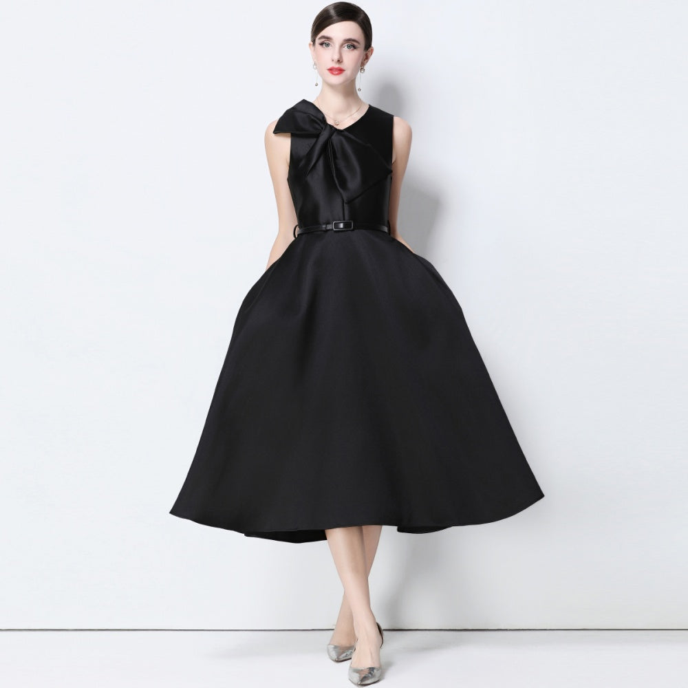 CM-DY056638 Women Elegant European Style V-Neck Sleeveless Belted Pinched Waist Midi Dress - Black