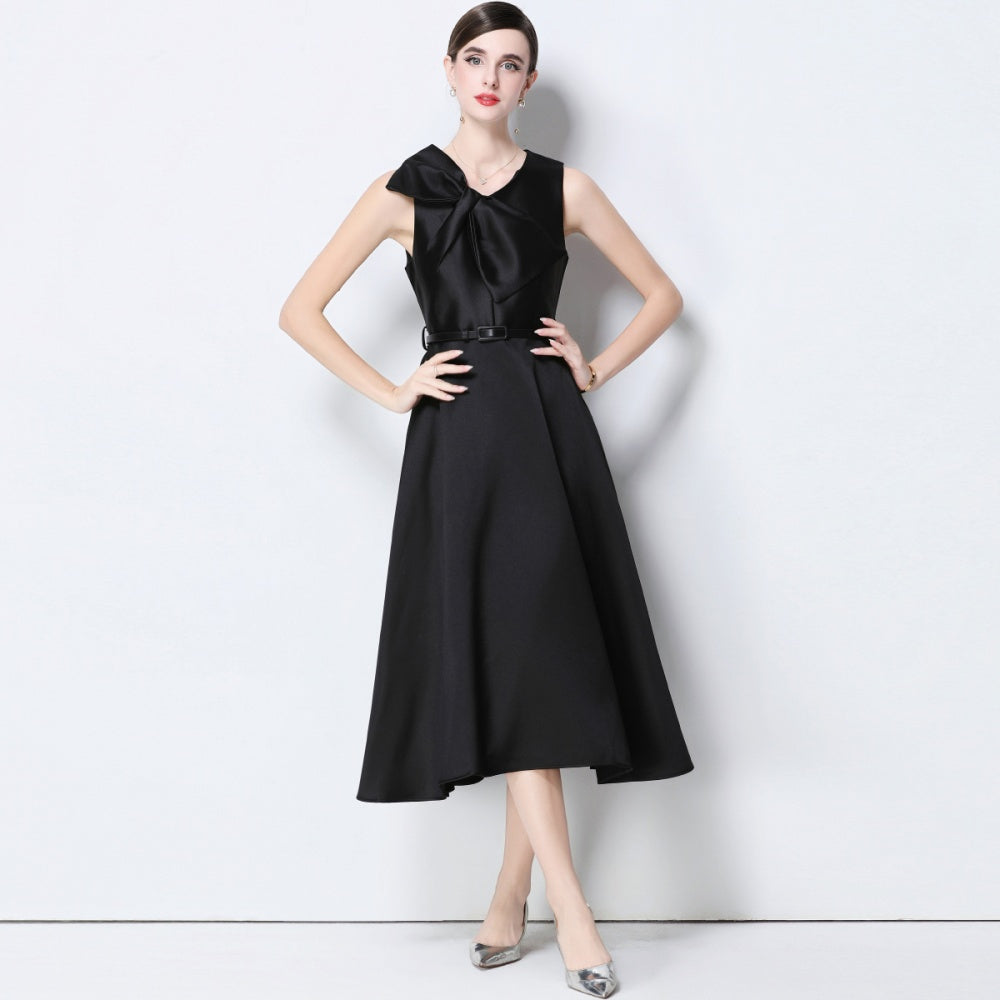 CM-DY056638 Women Elegant European Style V-Neck Sleeveless Belted Pinched Waist Midi Dress - Black