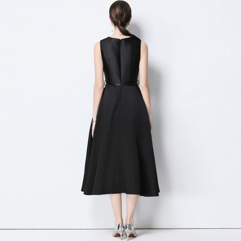 CM-DY056638 Women Elegant European Style V-Neck Sleeveless Belted Pinched Waist Midi Dress - Black