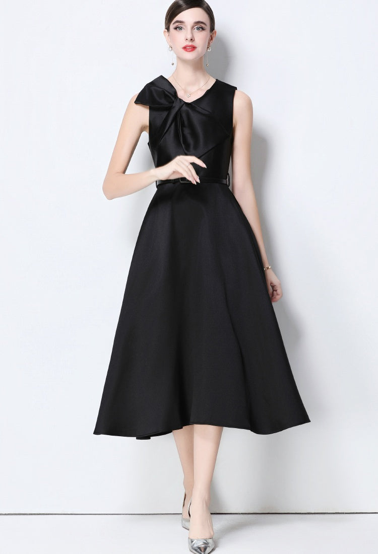 CM-DY056638 Women Elegant European Style V-Neck Sleeveless Belted Pinched Waist Midi Dress - Black