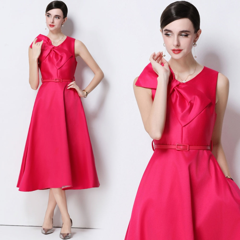 CM-DY056639 Women Elegant European Style V-Neck Sleeveless Belted Pinched Waist Midi Dress - Rose Red