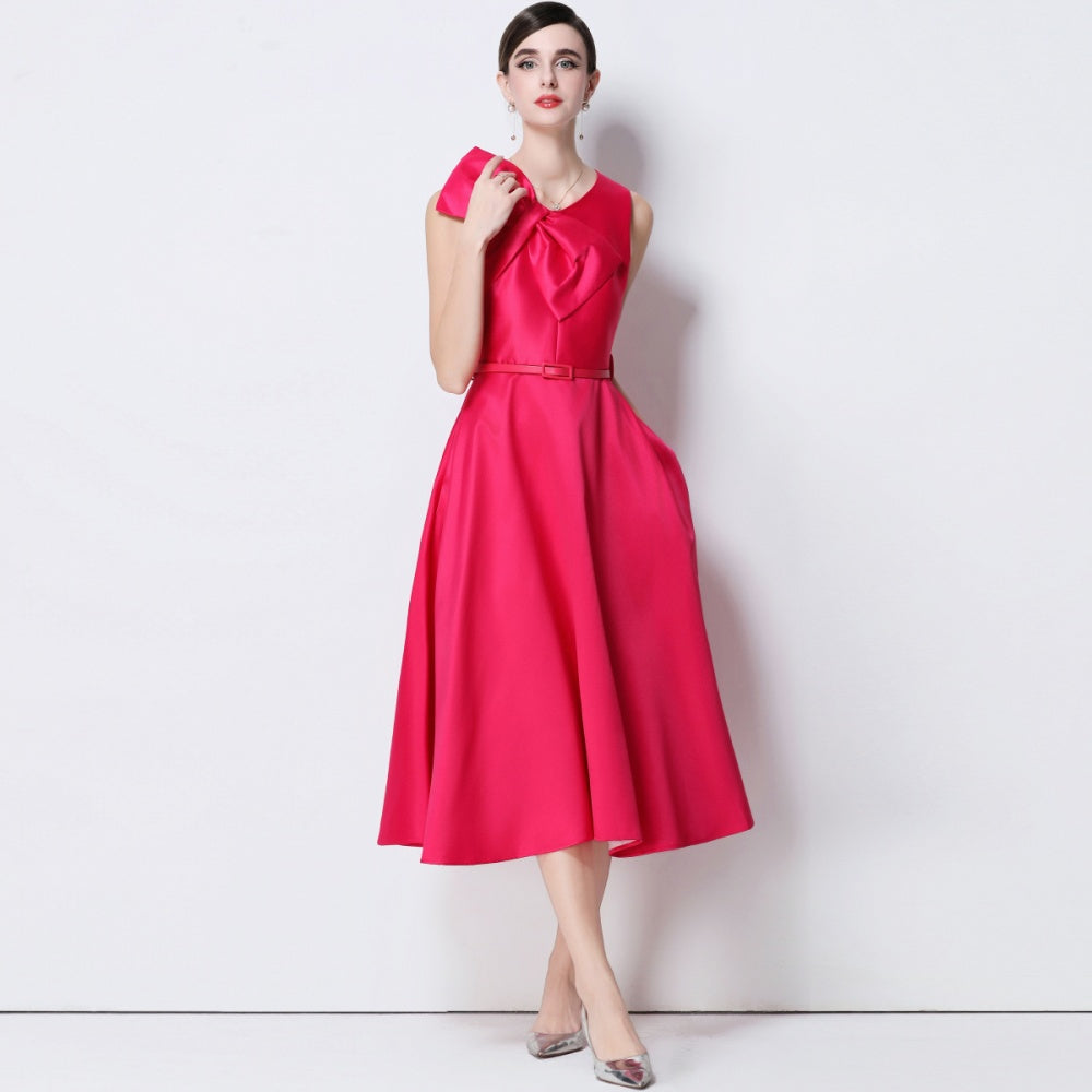 CM-DY056639 Women Elegant European Style V-Neck Sleeveless Belted Pinched Waist Midi Dress - Rose Red