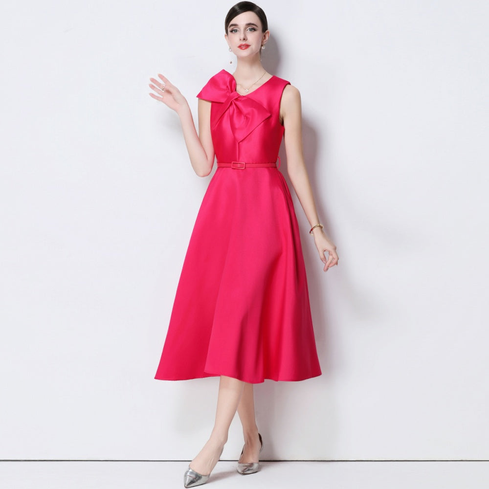 CM-DY056639 Women Elegant European Style V-Neck Sleeveless Belted Pinched Waist Midi Dress - Rose Red