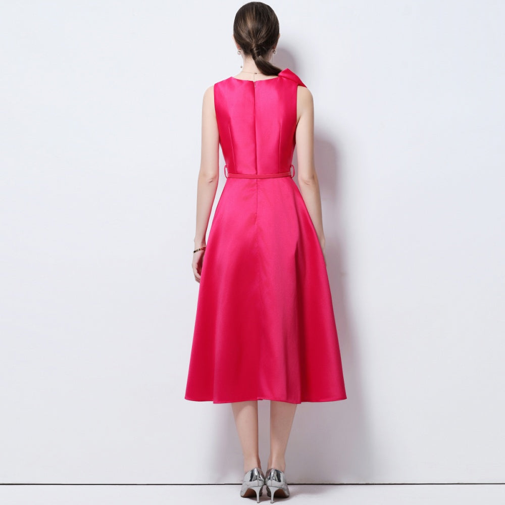 CM-DY056639 Women Elegant European Style V-Neck Sleeveless Belted Pinched Waist Midi Dress - Rose Red