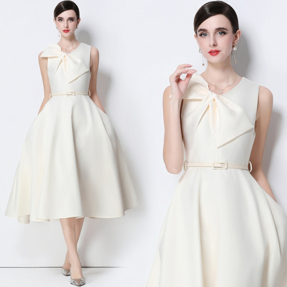 CM-DY056640 Women Elegant European Style V-Neck Sleeveless Belted Pinched Waist Midi Dress - Apricot