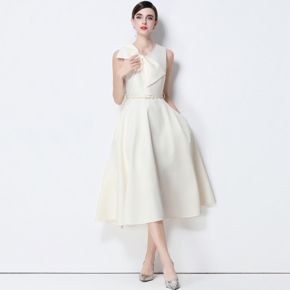 CM-DY056640 Women Elegant European Style V-Neck Sleeveless Belted Pinched Waist Midi Dress - Apricot