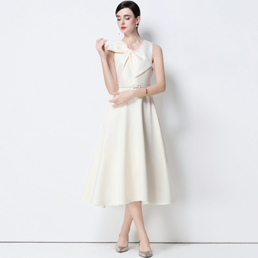 CM-DY056640 Women Elegant European Style V-Neck Sleeveless Belted Pinched Waist Midi Dress - Apricot