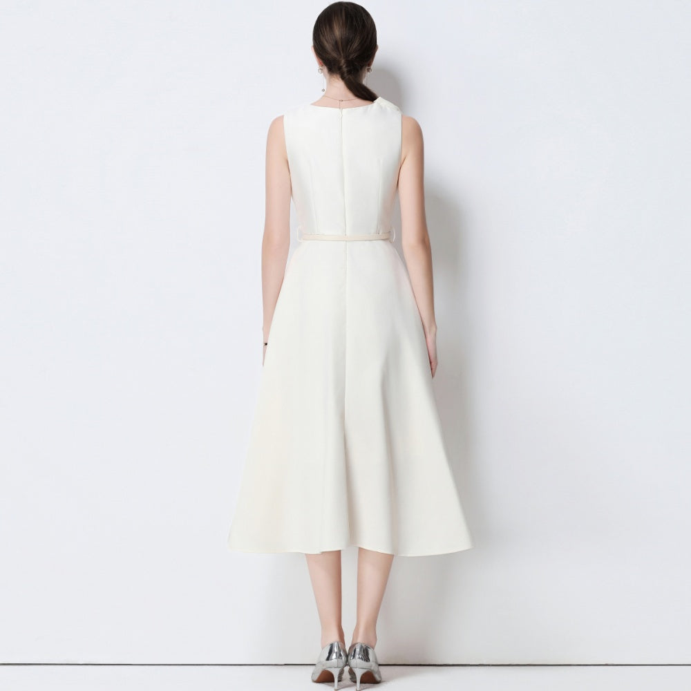 CM-DY056640 Women Elegant European Style V-Neck Sleeveless Belted Pinched Waist Midi Dress - Apricot
