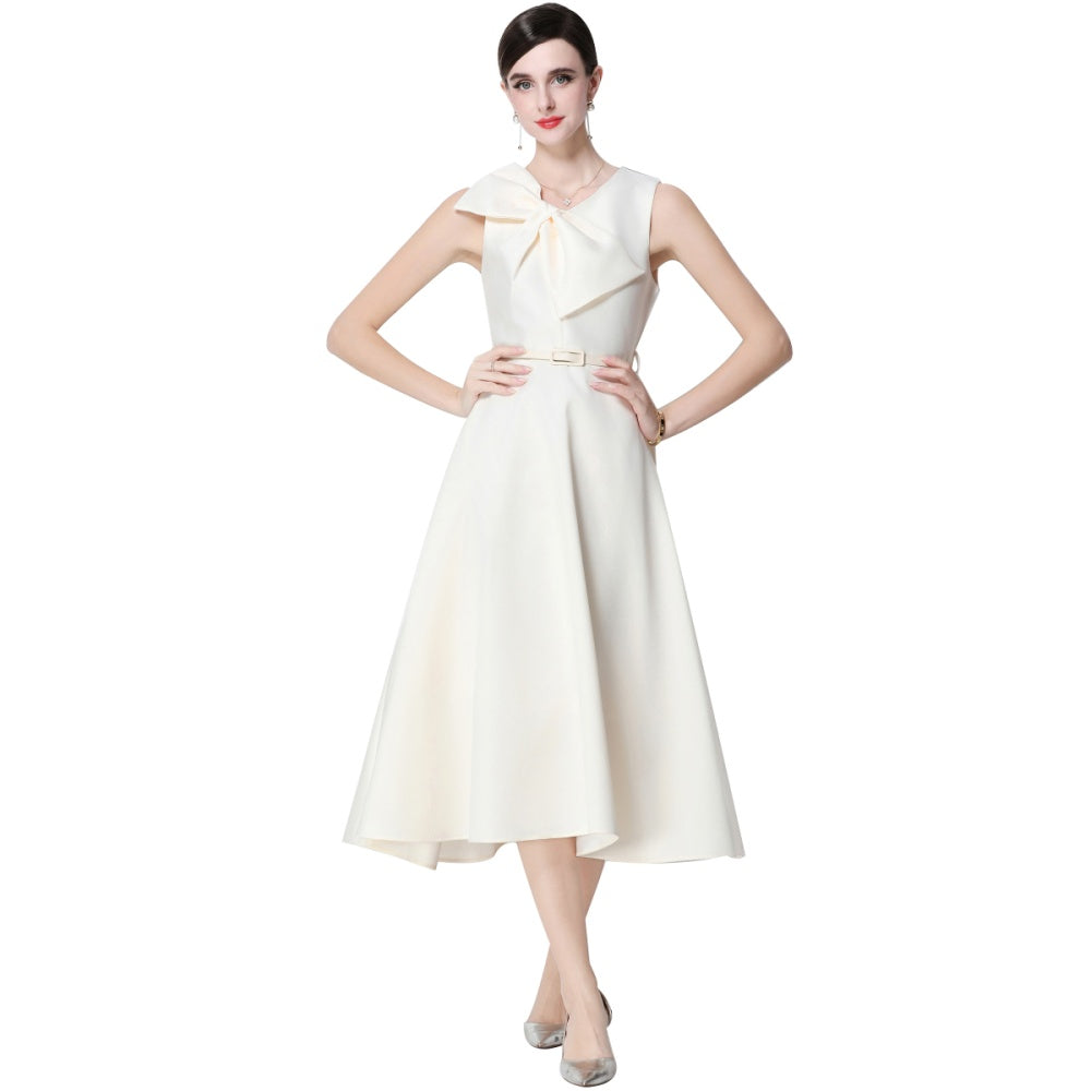 CM-DY056640 Women Elegant European Style V-Neck Sleeveless Belted Pinched Waist Midi Dress - Apricot