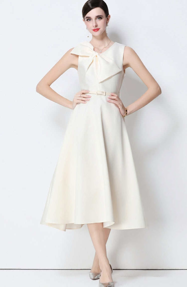 CM-DY056640 Women Elegant European Style V-Neck Sleeveless Belted Pinched Waist Midi Dress - Apricot