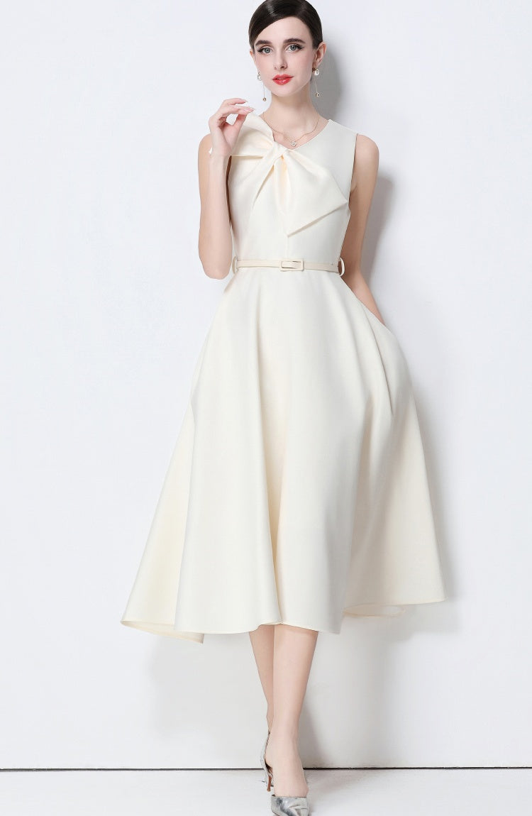 CM-DY056640 Women Elegant European Style V-Neck Sleeveless Belted Pinched Waist Midi Dress - Apricot