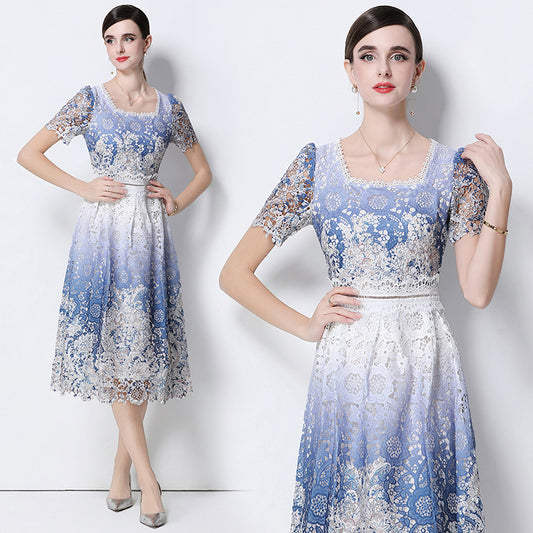 CM-DY056653 Women Elegant European Style Square Collar Short Sleeve Lace Hollow Out Slim Mid-Length Dress - Blue