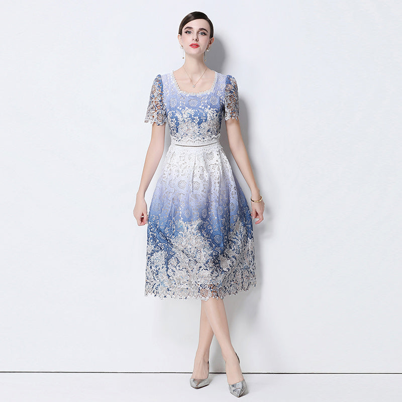 CM-DY056653 Women Elegant European Style Square Collar Short Sleeve Lace Hollow Out Slim Mid-Length Dress - Blue