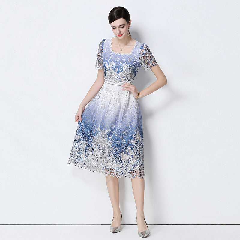 CM-DY056653 Women Elegant European Style Square Collar Short Sleeve Lace Hollow Out Slim Mid-Length Dress - Blue