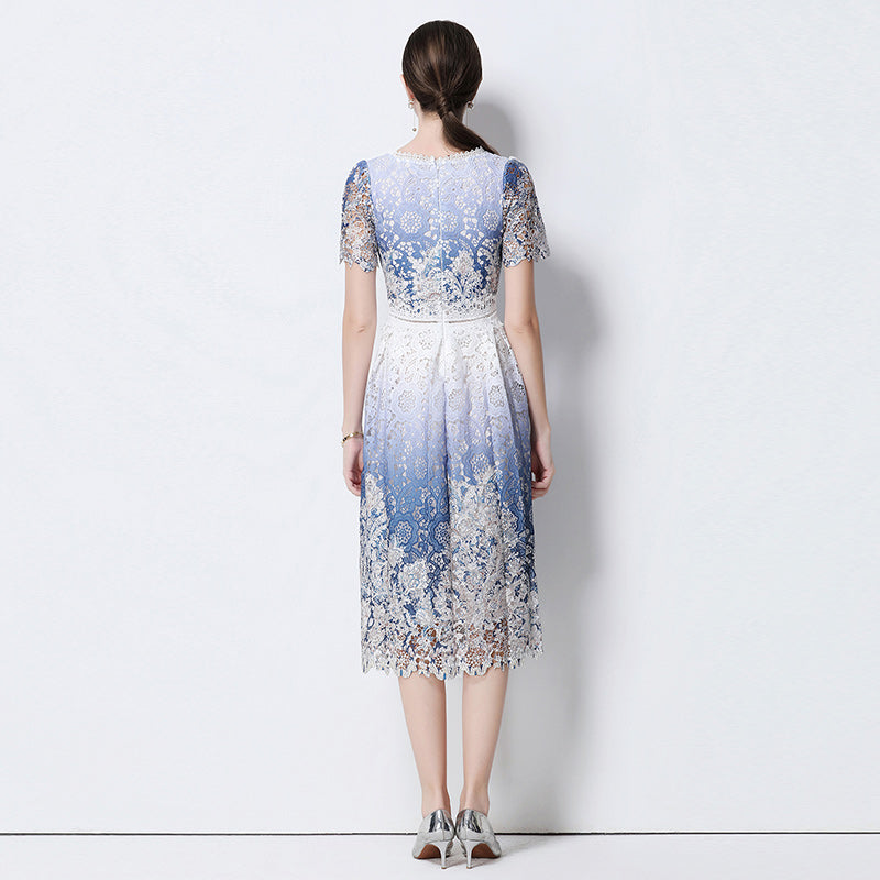 CM-DY056653 Women Elegant European Style Square Collar Short Sleeve Lace Hollow Out Slim Mid-Length Dress - Blue