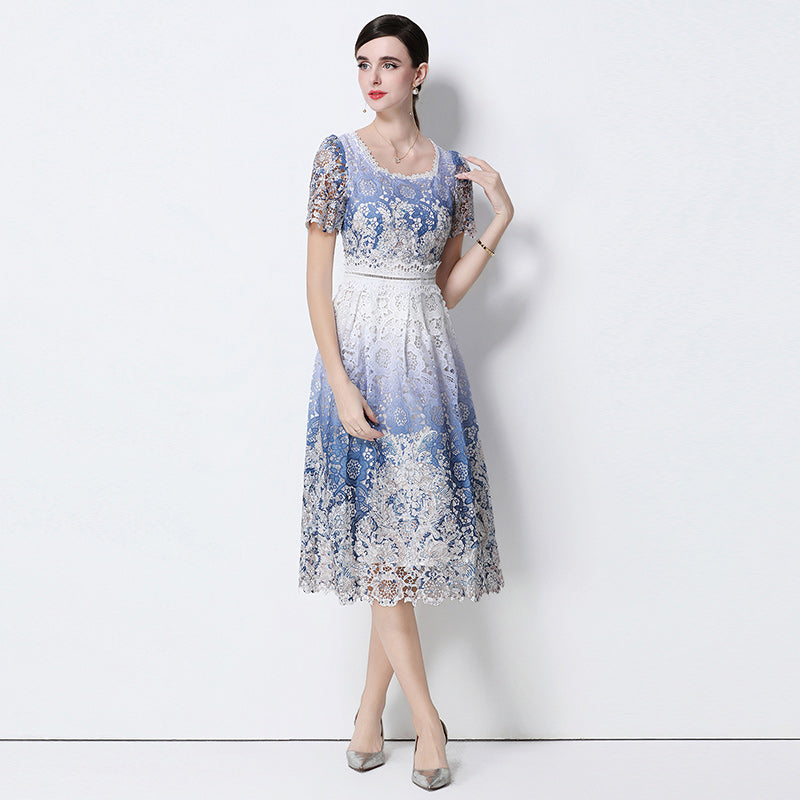 CM-DY056653 Women Elegant European Style Square Collar Short Sleeve Lace Hollow Out Slim Mid-Length Dress - Blue