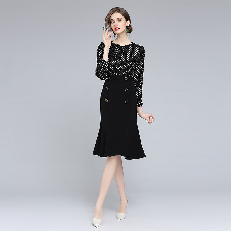 CM-DY056796 Women Elegant European Style Round Neck Long Sleeve High Waist Polka Dot Mini Dress - Black