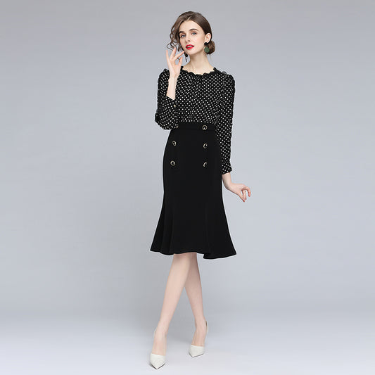 CM-DY056796 Women Elegant European Style Round Neck Long Sleeve High Waist Polka Dot Mini Dress - Black