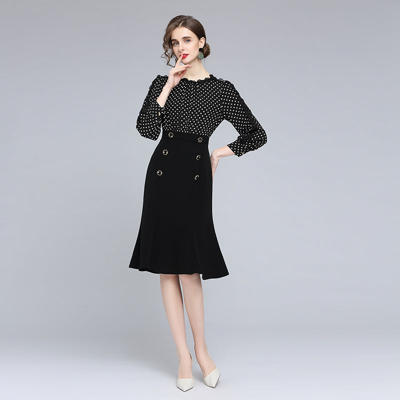 CM-DY056796 Women Elegant European Style Round Neck Long Sleeve High Waist Polka Dot Mini Dress - Black