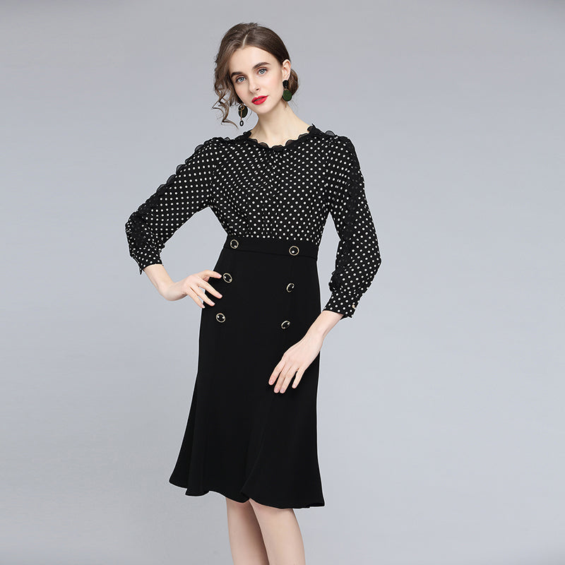 CM-DY056796 Women Elegant European Style Round Neck Long Sleeve High Waist Polka Dot Mini Dress - Black