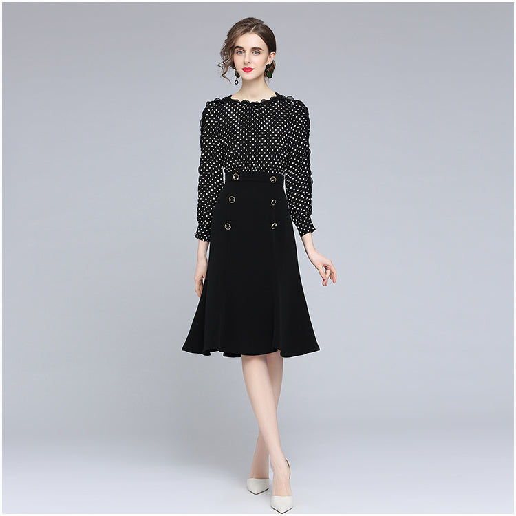 CM-DY056796 Women Elegant European Style Round Neck Long Sleeve High Waist Polka Dot Mini Dress - Black