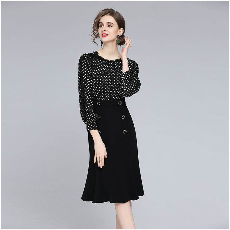 CM-DY056796 Women Elegant European Style Round Neck Long Sleeve High Waist Polka Dot Mini Dress - Black