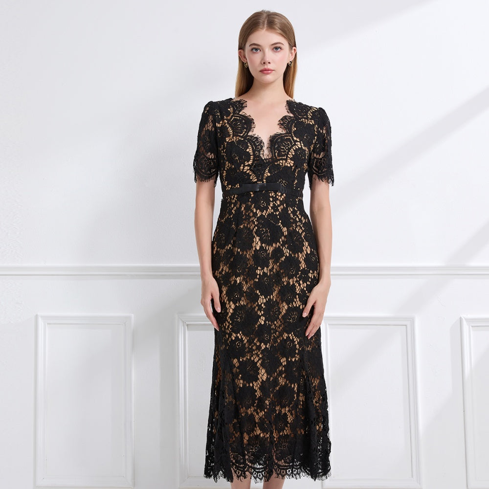 CM-DY057615 Women Elegant European Style V-Neck Short Sleeve Lace High Waist Long Dress - Black