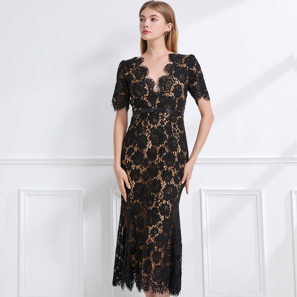 CM-DY057615 Women Elegant European Style V-Neck Short Sleeve Lace High Waist Long Dress - Black