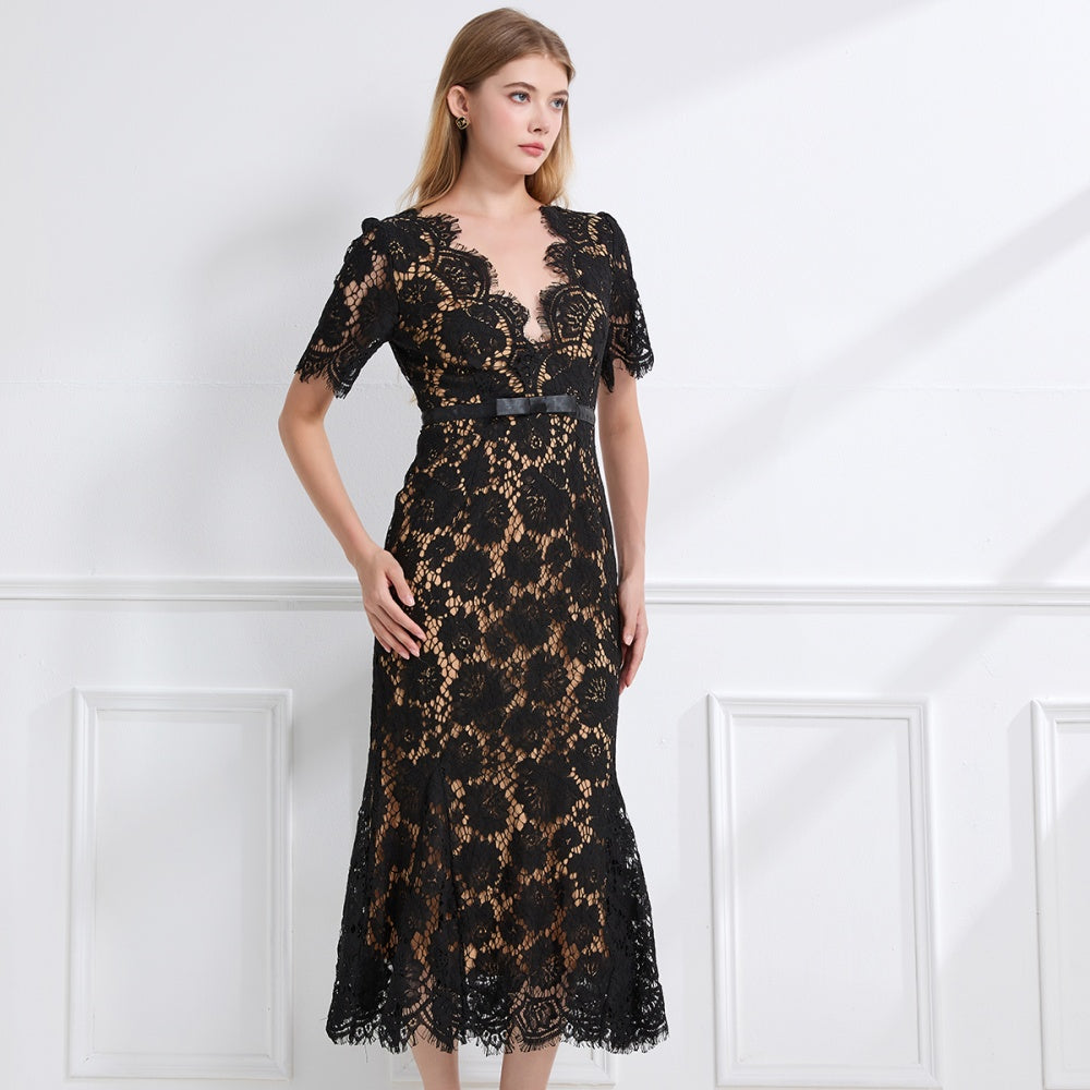 CM-DY057615 Women Elegant European Style V-Neck Short Sleeve Lace High Waist Long Dress - Black
