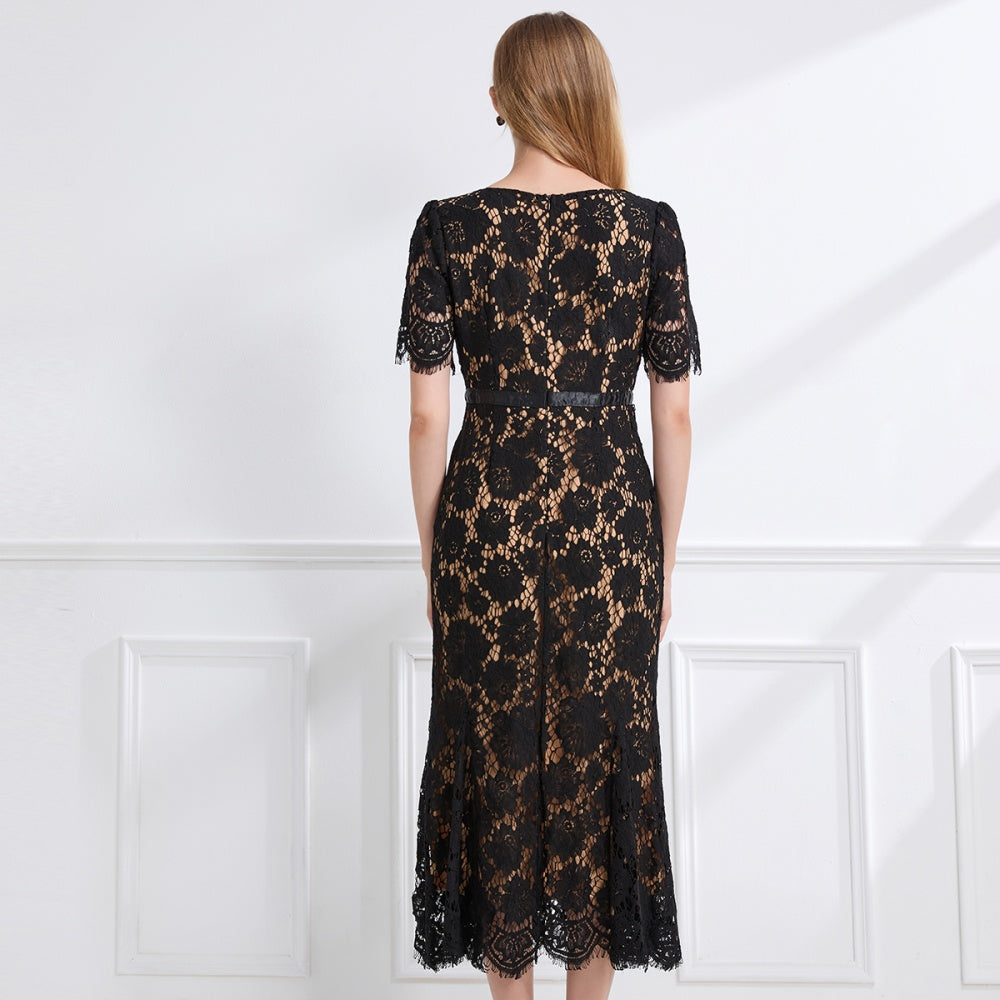 CM-DY057615 Women Elegant European Style V-Neck Short Sleeve Lace High Waist Long Dress - Black