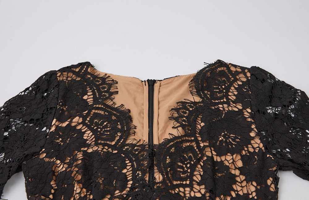 CM-DY057615 Women Elegant European Style V-Neck Short Sleeve Lace High Waist Long Dress - Black