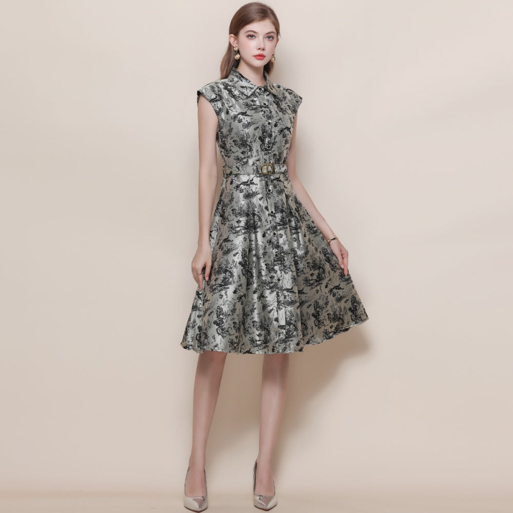 CM-DY057617 Women Elegant European Style Collar Neckline Sleeveless All-Over Print Belted Long Dress