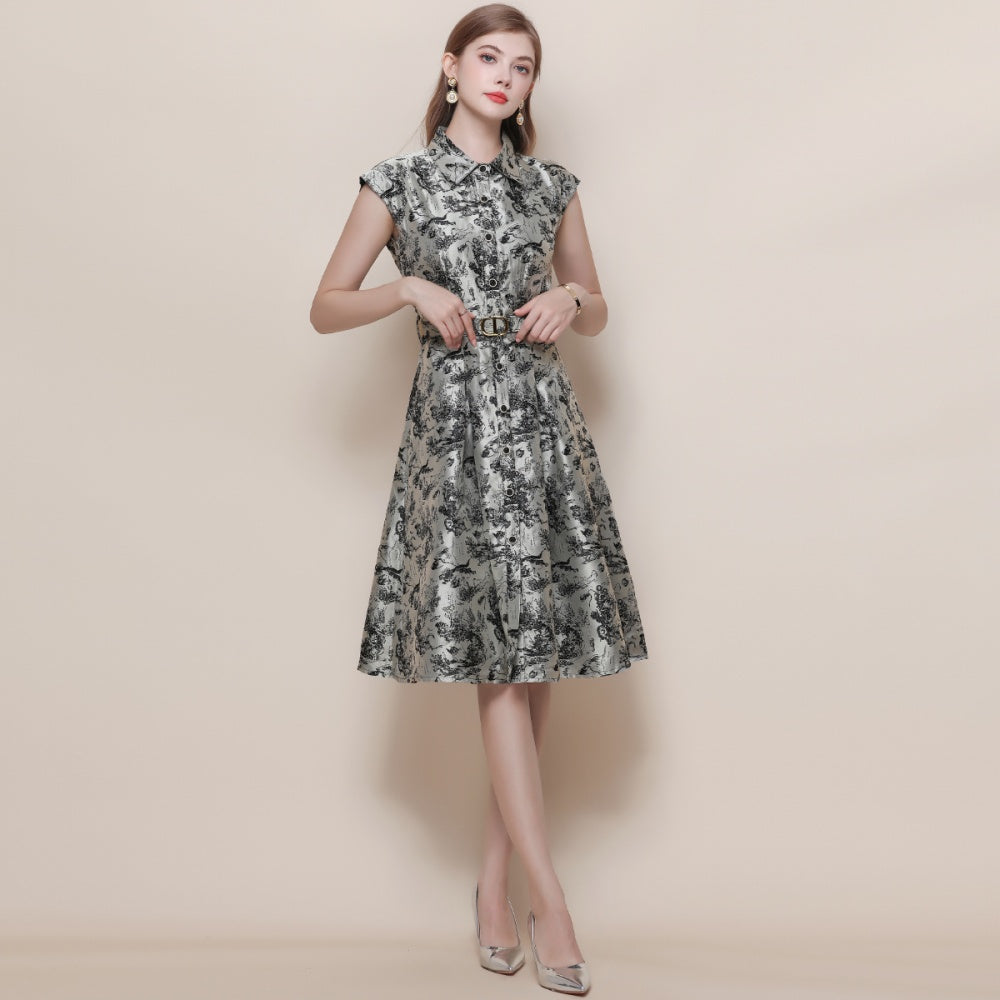 CM-DY057617 Women Elegant European Style Collar Neckline Sleeveless All-Over Print Belted Long Dress