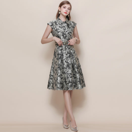 CM-DY057617 Women Elegant European Style Collar Neckline Sleeveless All-Over Print Belted Long Dress