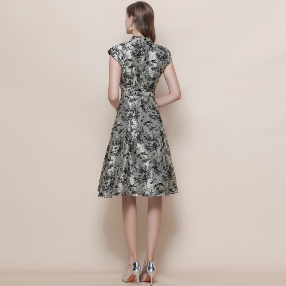 CM-DY057617 Women Elegant European Style Collar Neckline Sleeveless All-Over Print Belted Long Dress