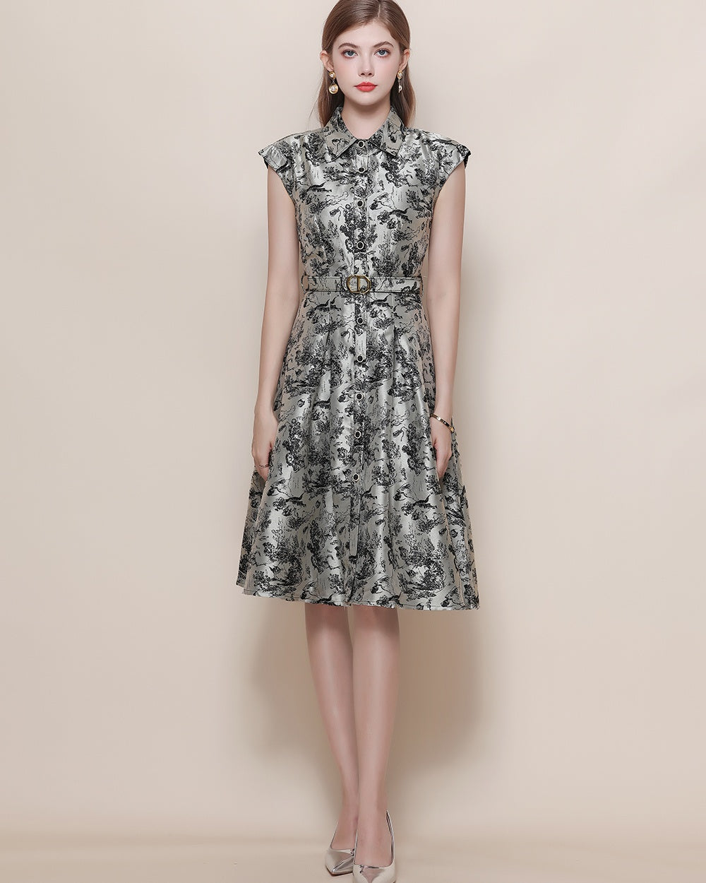 CM-DY057617 Women Elegant European Style Collar Neckline Sleeveless All-Over Print Belted Long Dress