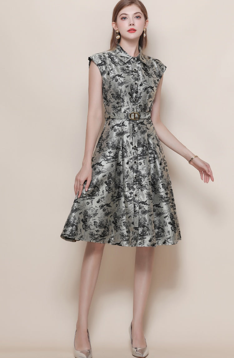 CM-DY057617 Women Elegant European Style Collar Neckline Sleeveless All-Over Print Belted Long Dress