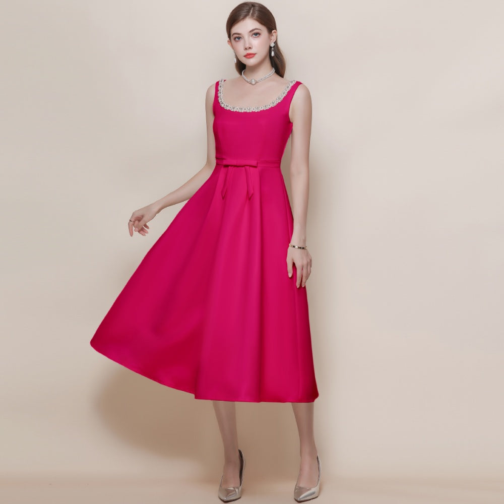 CM-DY057618 Women Elegant European Style Square Collar Sleeveless Pinched Waist Mid-Length Dress - Rose Red