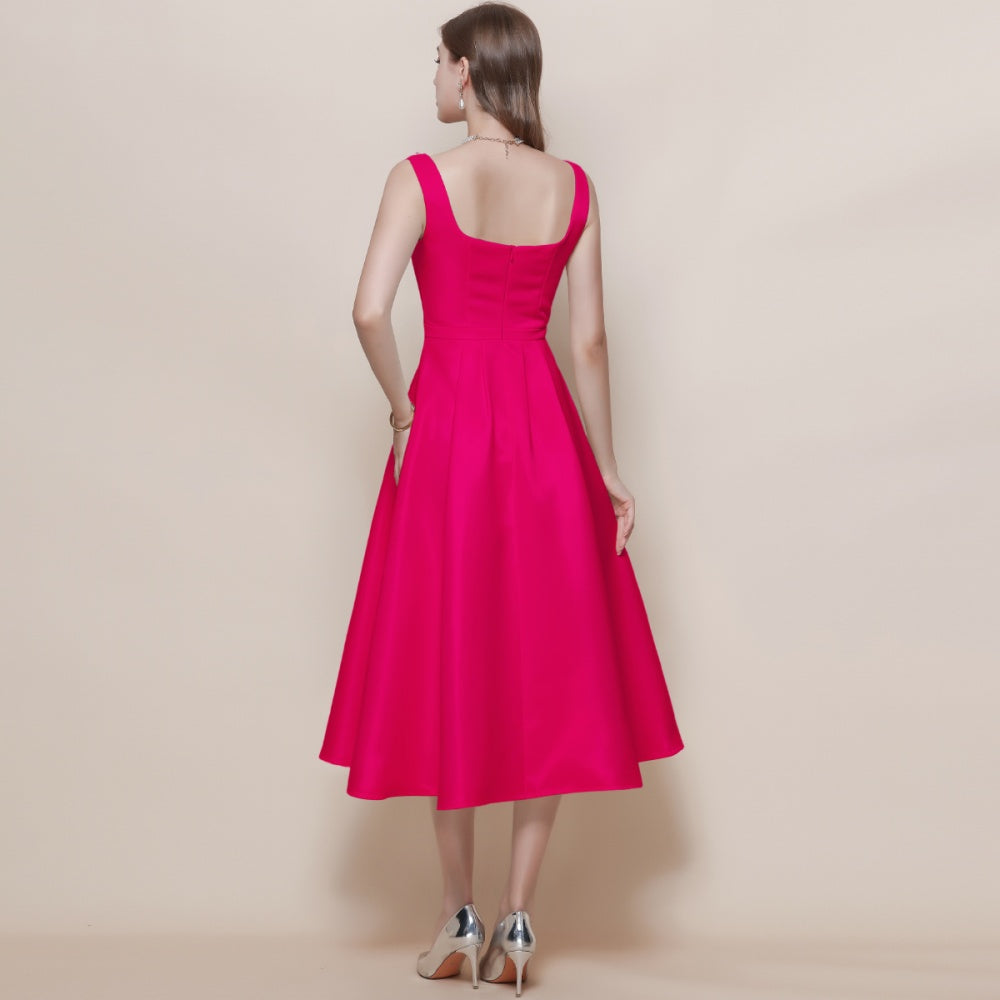 CM-DY057618 Women Elegant European Style Square Collar Sleeveless Pinched Waist Mid-Length Dress - Rose Red