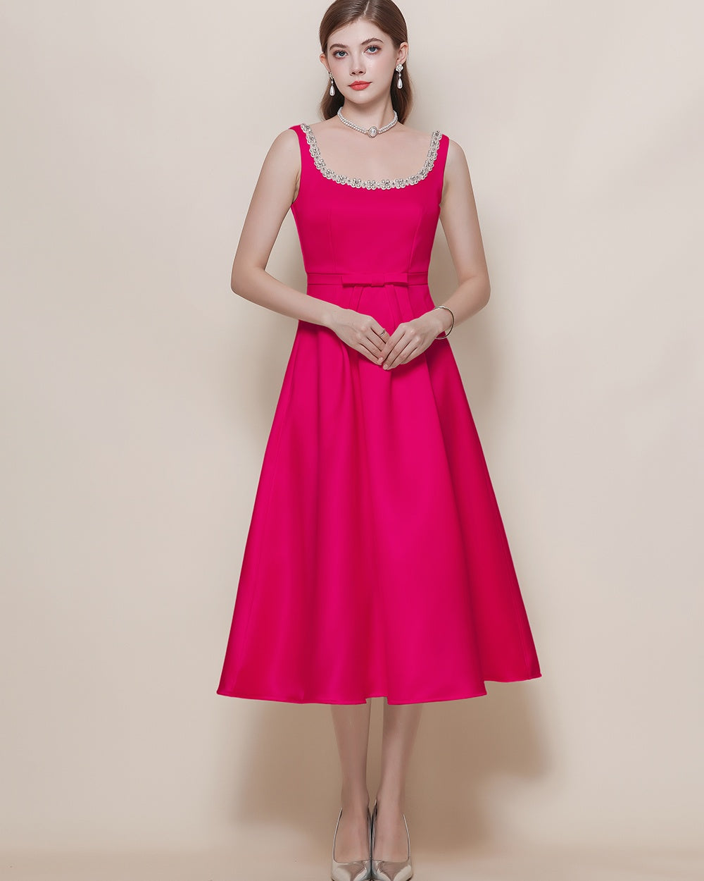 CM-DY057618 Women Elegant European Style Square Collar Sleeveless Pinched Waist Mid-Length Dress - Rose Red