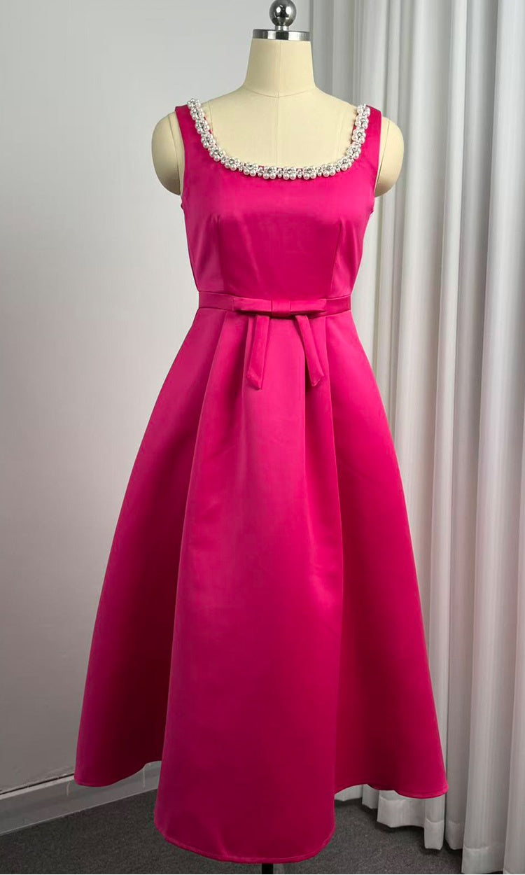 CM-DY057618 Women Elegant European Style Square Collar Sleeveless Pinched Waist Mid-Length Dress - Rose Red