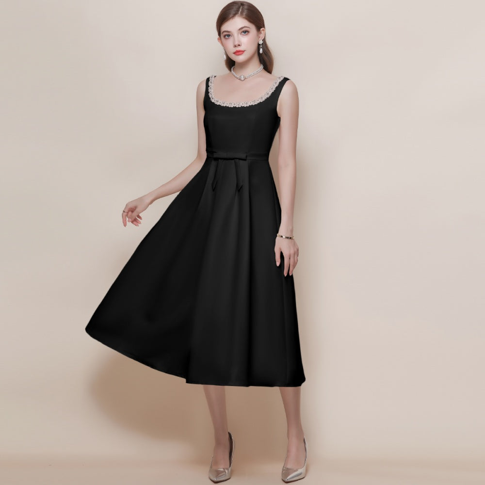 CM-DY057619 Women Elegant European Style Square Collar Sleeveless Pinched Waist Mid-Length Dress - Black
