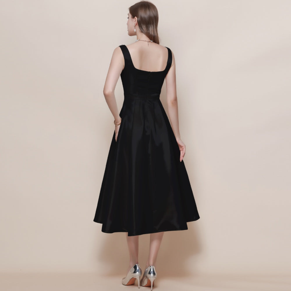 CM-DY057619 Women Elegant European Style Square Collar Sleeveless Pinched Waist Mid-Length Dress - Black