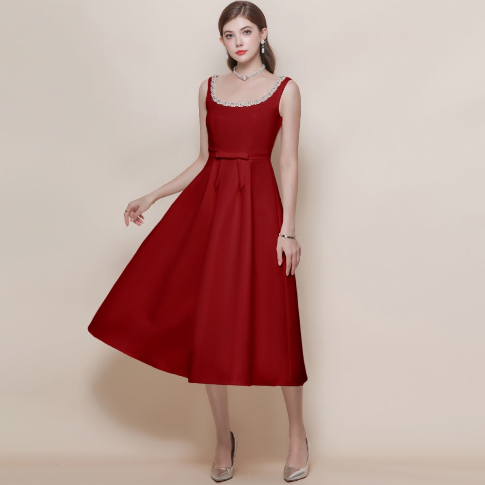 CM-DY057620 Women Elegant European Style Square Collar Sleeveless Pinched Waist Mid-Length Dress - Red