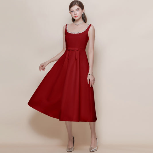 CM-DY057620 Women Elegant European Style Square Collar Sleeveless Pinched Waist Mid-Length Dress - Red