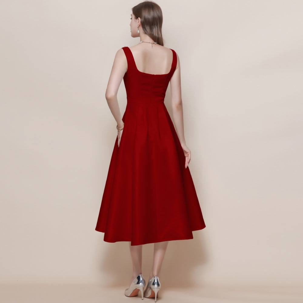 CM-DY057620 Women Elegant European Style Square Collar Sleeveless Pinched Waist Mid-Length Dress - Red