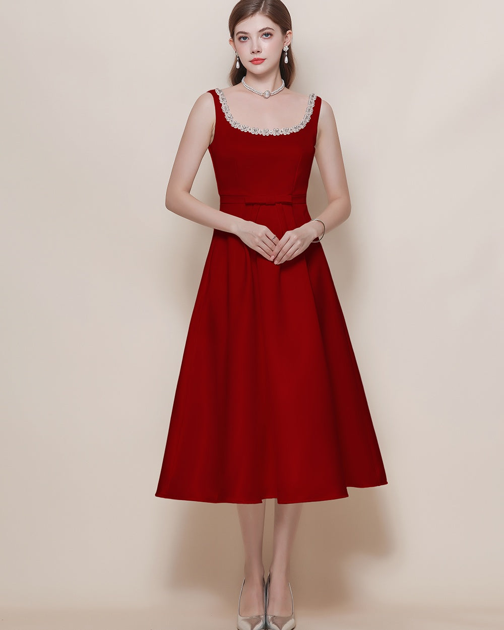 CM-DY057620 Women Elegant European Style Square Collar Sleeveless Pinched Waist Mid-Length Dress - Red