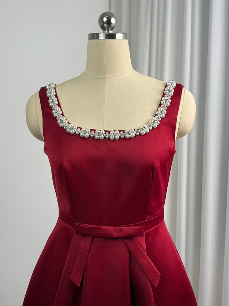 CM-DY057620 Women Elegant European Style Square Collar Sleeveless Pinched Waist Mid-Length Dress - Red