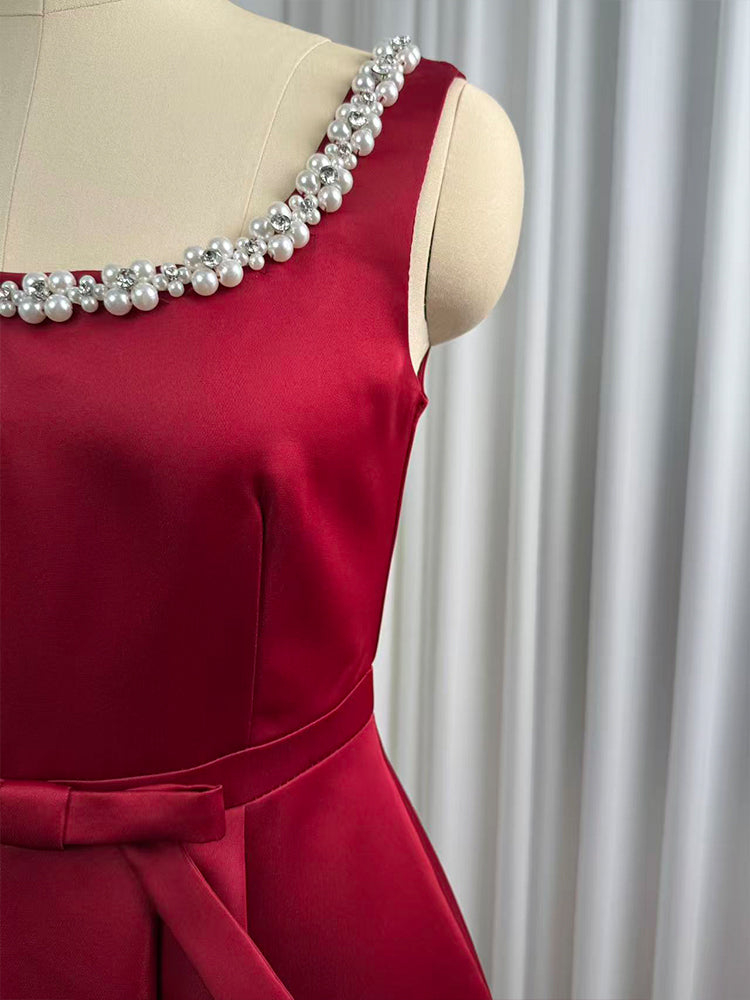 CM-DY057620 Women Elegant European Style Square Collar Sleeveless Pinched Waist Mid-Length Dress - Red